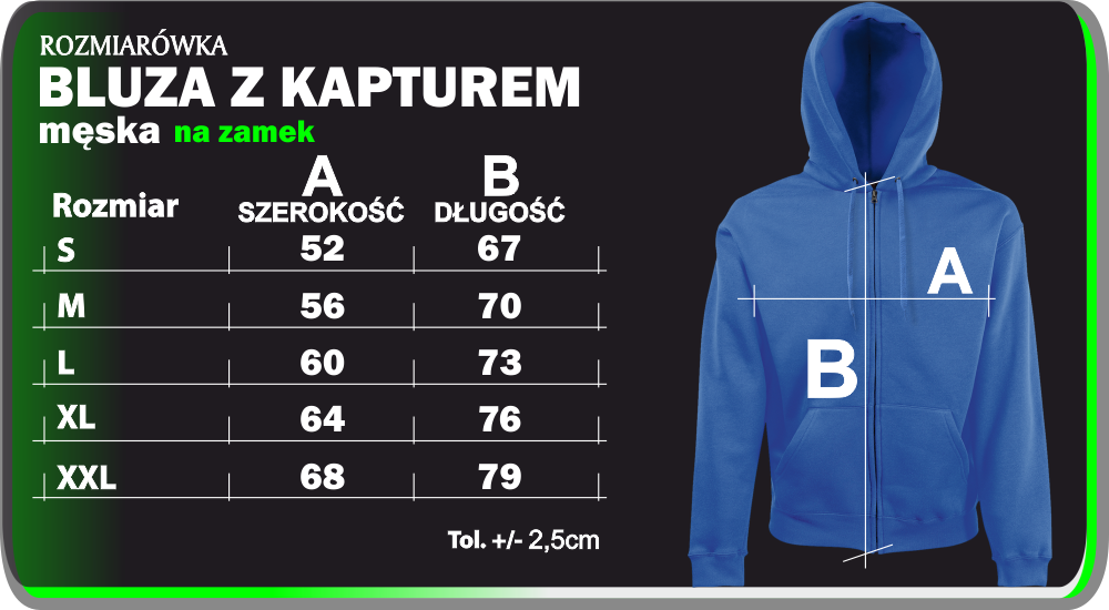 bluza męska na zamek z kapturem size table rozmiarówka